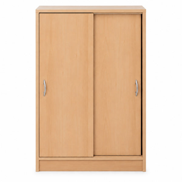 A light natural wood sliding wardrobe or storage cabinet with two doors and slim silver metal handles, shown against a plain white background.
