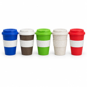 Five reusable travel mugs with screw-on lids lined up on a white background. The mugs come in blue, brown, green, off-white, and red, each with a white band around the middle.