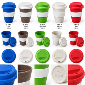 A collage showing multiple reusable paper cup variants in blue, brown, light green, natural beige, and red, each with different colored lids and close-up detail views of the cups and lids on a white grid background.