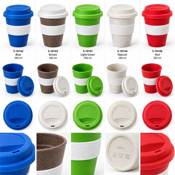 A collage showing multiple reusable paper cup variants in blue, brown, light green, natural beige, and red, each with different colored lids and close-up detail views of the cups and lids on a white grid background.