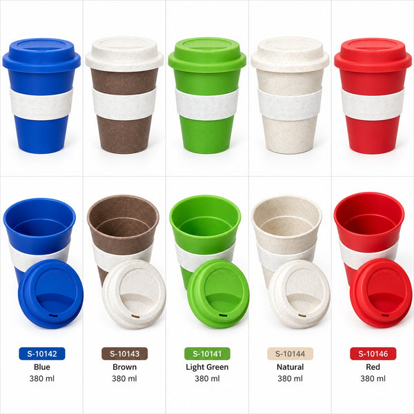 Eight reusable travel cups arranged in a 2x4 grid on a white background, each shown closed from the side and one open with lid removed. The cups come in blue, brown, light green, natural beige, and red, with matching lids.