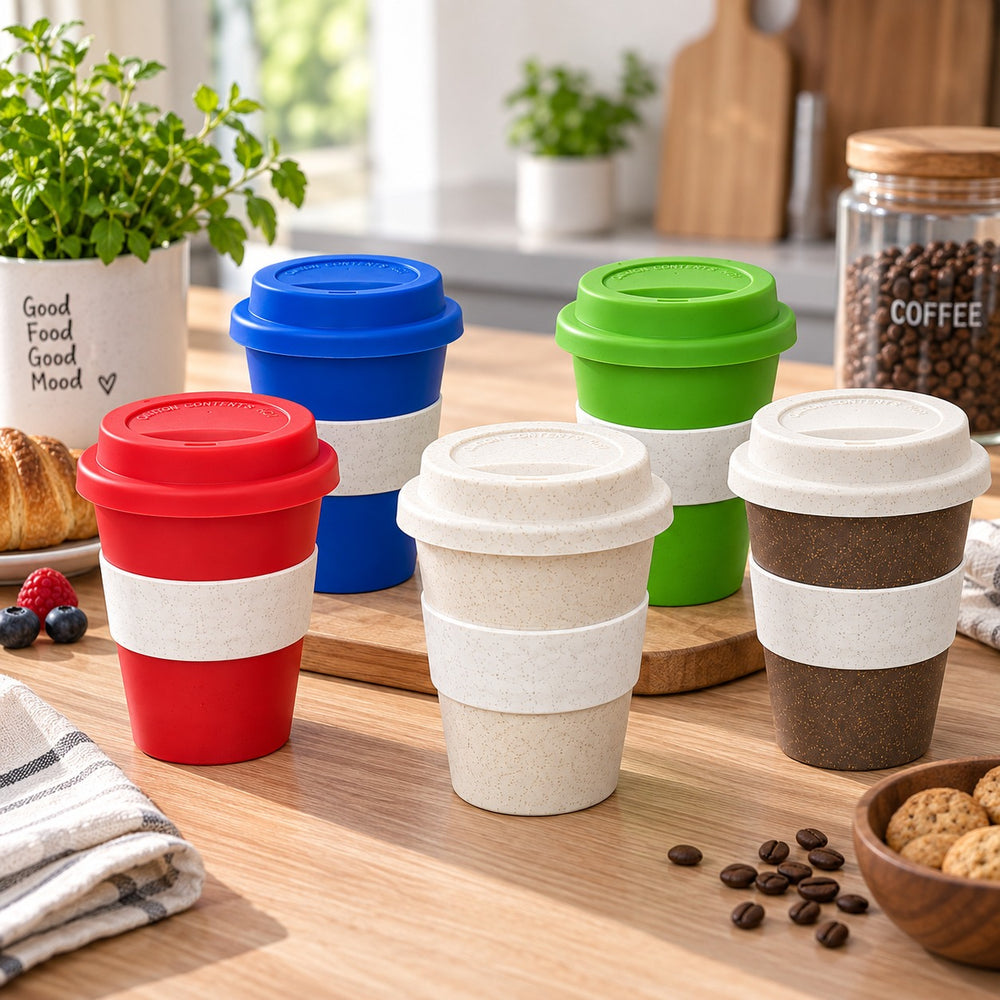 Five reusable coffee cups with screw-on lids and beige bands are arranged on a wooden table in a bright kitchen setting. The cups come in red, blue, green, and dark brown colors, with one cup showing a light beige interior.