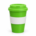 A reusable travel tumbler cup in bright green with a white textured band around the middle and a matching green lid, shown on a clean white background.