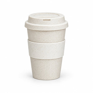 A stackable reusable travel tumbler with a lid in a speckled off-white material, shown on a clean white background.