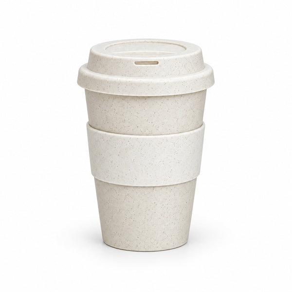 A stackable reusable travel tumbler with a lid in a speckled off-white material, shown on a clean white background.