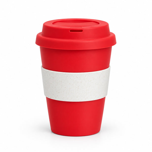 A reusable travel tumbler with a bright red body, matching red lid, and a wide white textured band around the middle, shown on a clean white background.