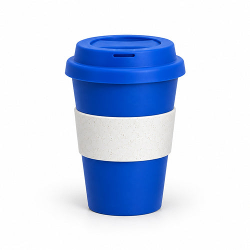 A reusable travel tumbler with a blue lid and blue body, featuring a white textured grip sleeve in the middle, shown on a clean white background.