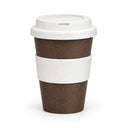 A reusable travel tumbler with a brown speckled exterior, a white textured sleeve, and a matching white lid, shown on a clean white background.