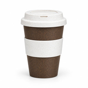 A reusable travel tumbler with a brown speckled exterior, a white textured sleeve, and a matching white lid, shown on a clean white background.