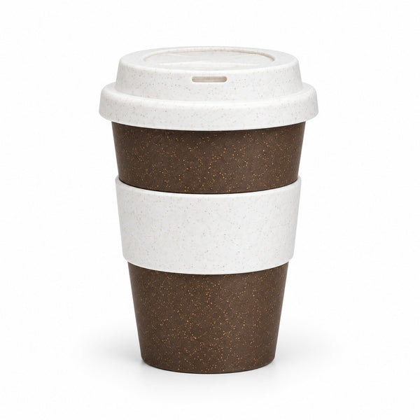 A reusable travel tumbler with a brown speckled exterior, a white textured sleeve, and a matching white lid, shown on a clean white background.