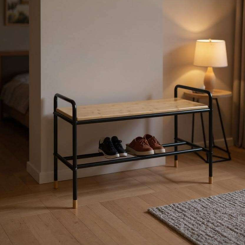 Wenko Loft Industrial Bamboo & Black Steel Shoe Bench & Rack