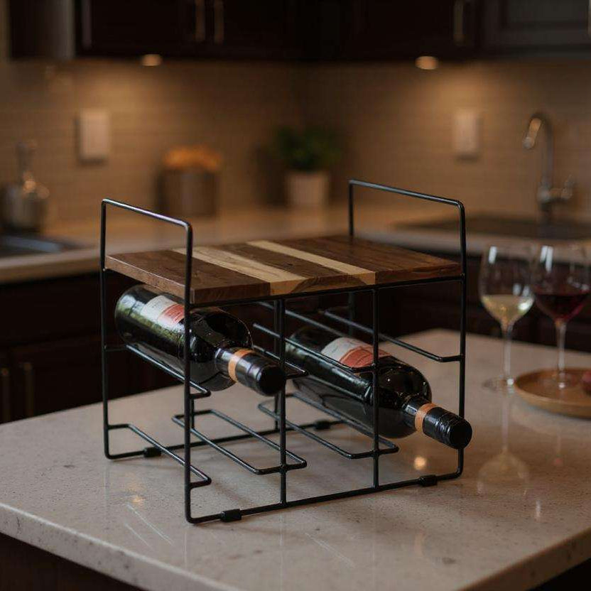 Wenko Industrial Wine Rack – 6-Bottle Holder with FSC Acacia Wood Shelf