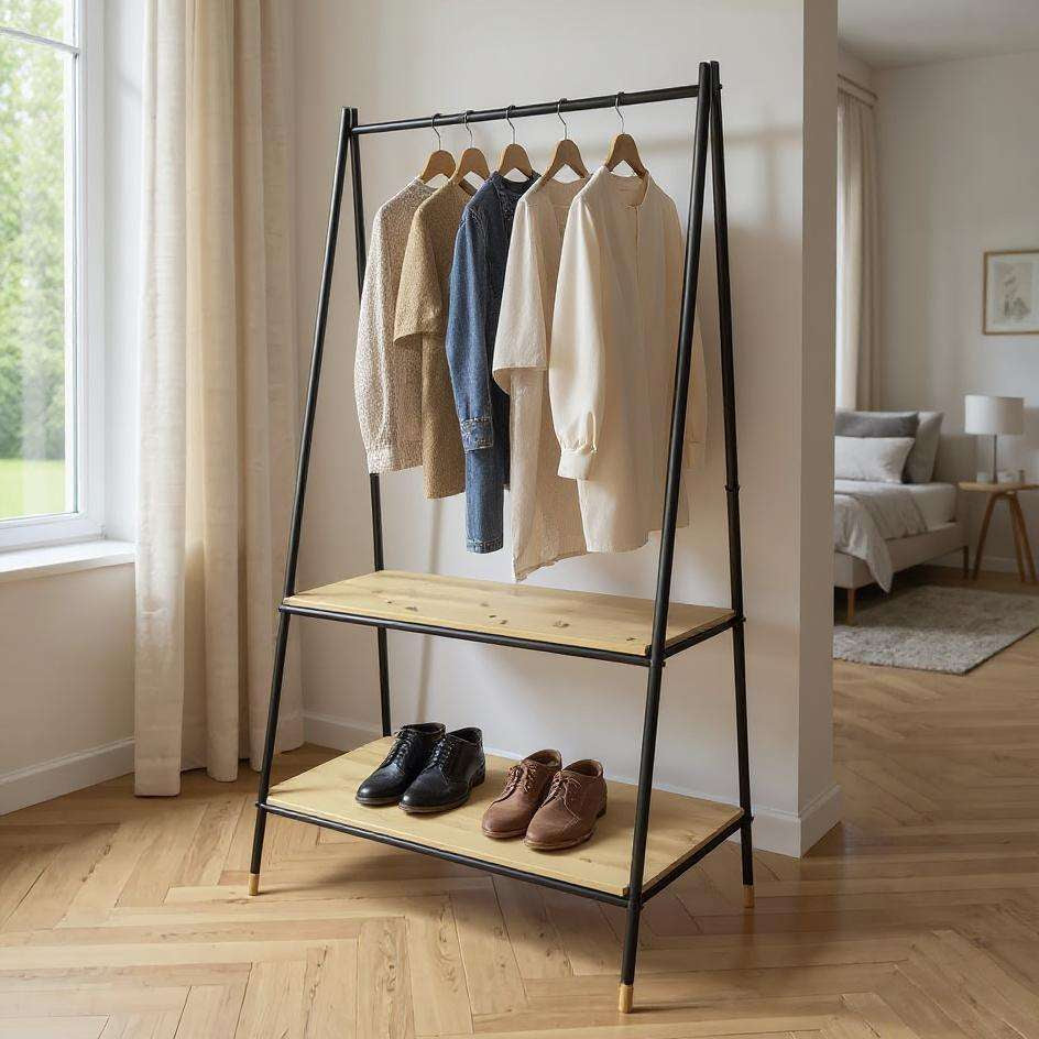Wenko Loft Freestanding Coat Stand – Industrial Bamboo & Steel Wardrobe with 2 Shelves