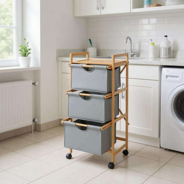 Wenko Nori Bamboo Rolling Trolley – 3-Tier Laundry & Storage Cart with Removable Baskets