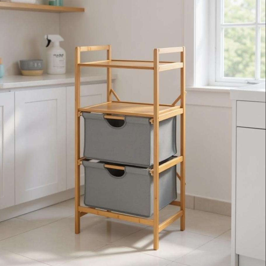 Wenko Nori Bamboo Storage Shelf – 2-Basket Laundry Rack with Dual Shelves