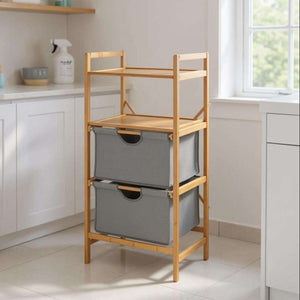 Wenko Nori Bamboo Storage Shelf – 2-Basket Laundry Rack with Dual Shelves