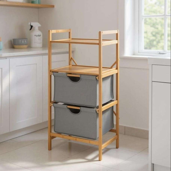 Wenko Nori Bamboo Storage Shelf – 2-Basket Laundry Rack with Dual Shelves