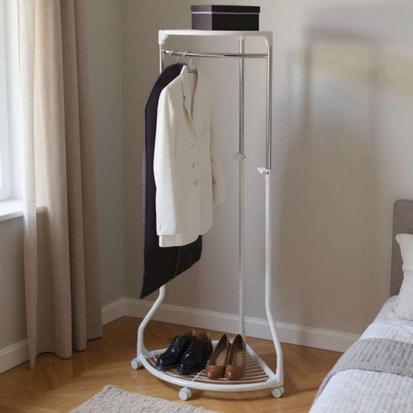 Wenko Pointy Corner Clothes Rack – Height-Adjustable Chrome Coat Stand with 2 Storage Shelves