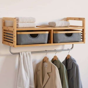 Wenko Bahari Bamboo Wall Coat Rack – Entryway Organizer with 2 Drawers & Stainless Steel Rail