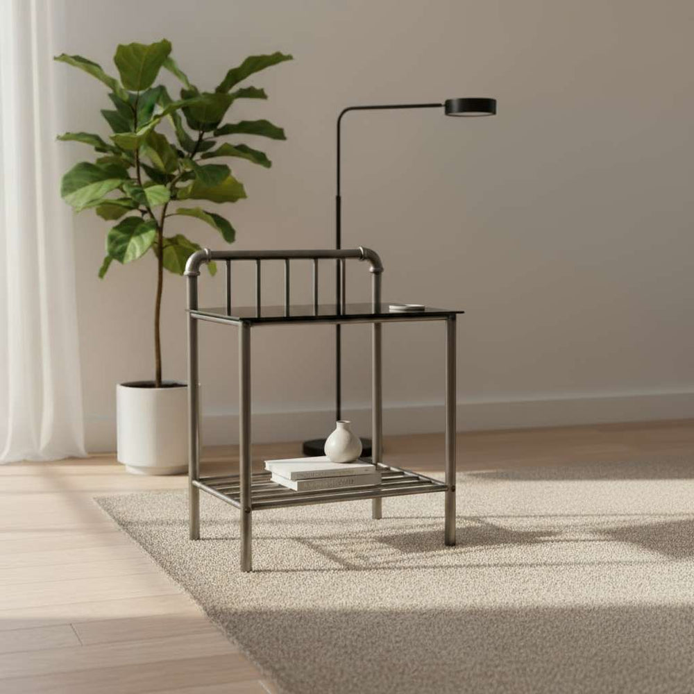 Lucia Industrial  Black Glass & Metal Frame Side Table