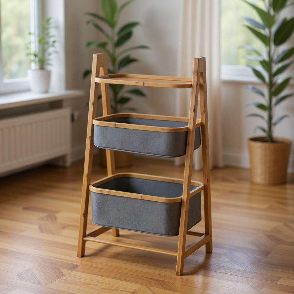 Wenko Nori Bamboo Modern 2-Basket Storage Rack