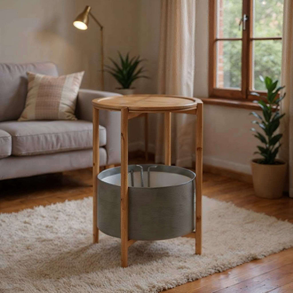 Wenko Bahari Bamboo Side Table with Removable Serving Tray & Large Storage Basket