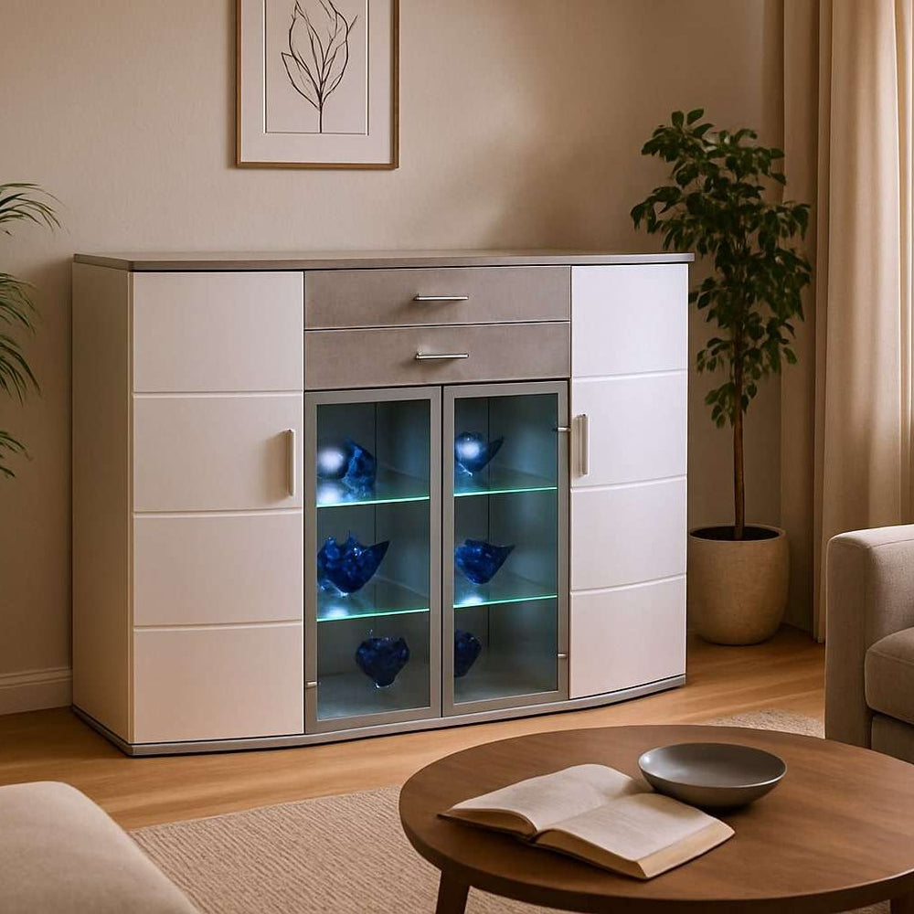 BegaBega Jam Highboard – Premium German High-Gloss White & Stone Grey Cabinet with LED Lighting