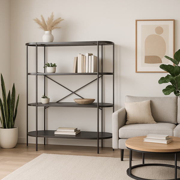 By-Boo Burly Metal Bookcase – Modern 4-Shelf Iron Display Cabinet in Cool Grey