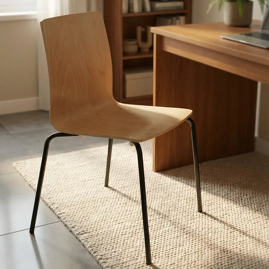 Scandi Minimalist Plywood Dining Chair – Beech Wood Chair with Black Steel Frame