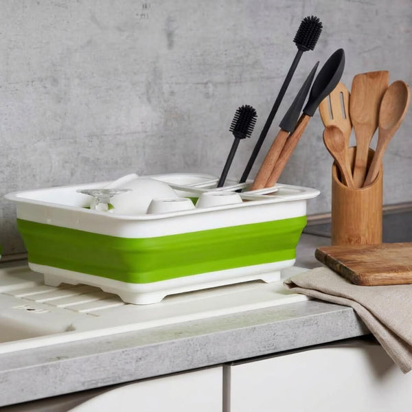 Wenko Dish drainer Gaia foldable green/white with cutlery holder and plate stand