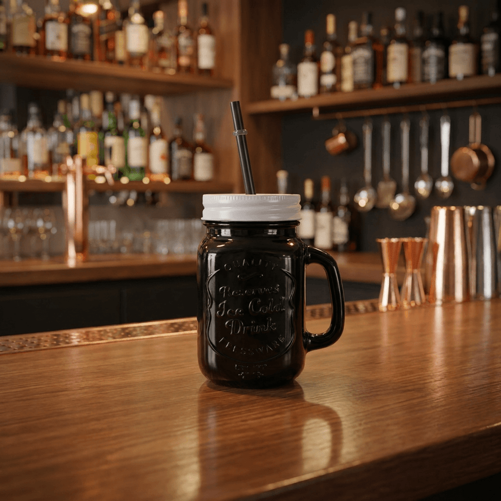 Jar Glass Mug with Lid & Straw Black or white