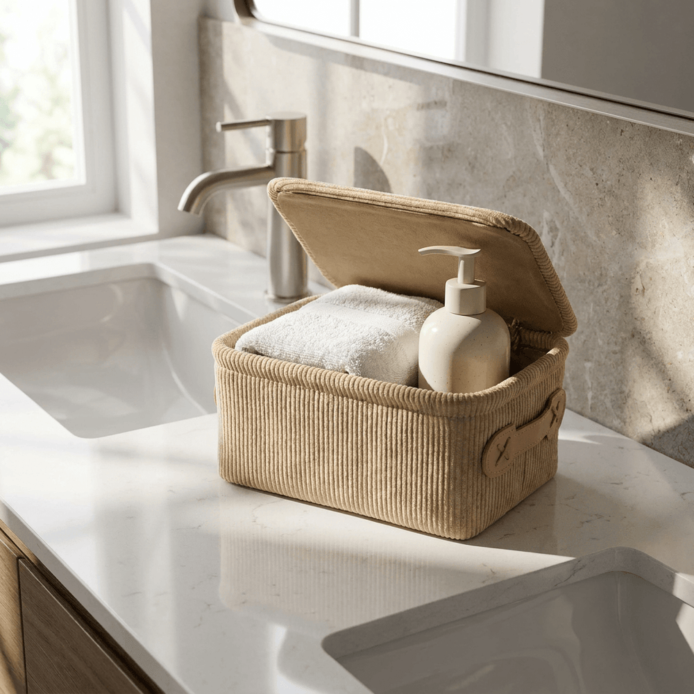 Wenko Anela bathroom basket with lid, beige