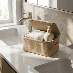 Wenko Anela bathroom basket with lid, beige