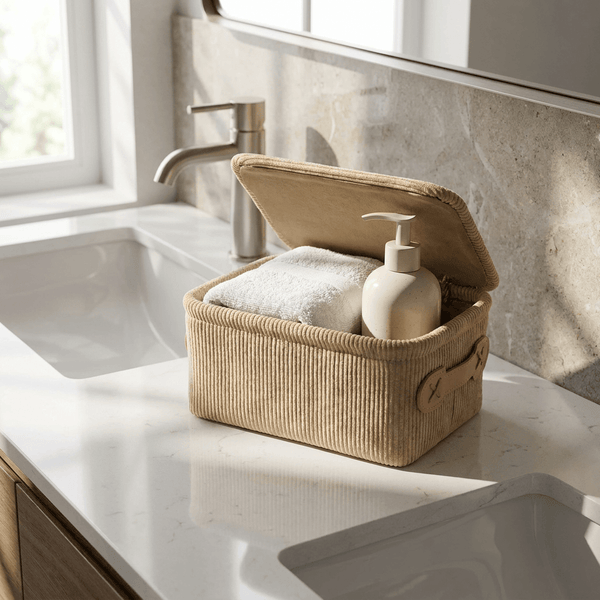 Wenko Anela bathroom basket with lid, beige
