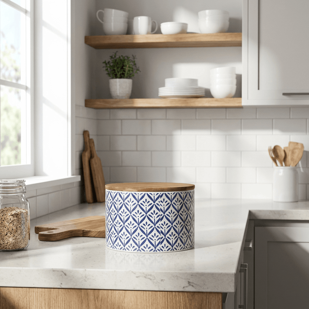 Wenko Ceramic Box with Blue & White Mediterranean Pattern