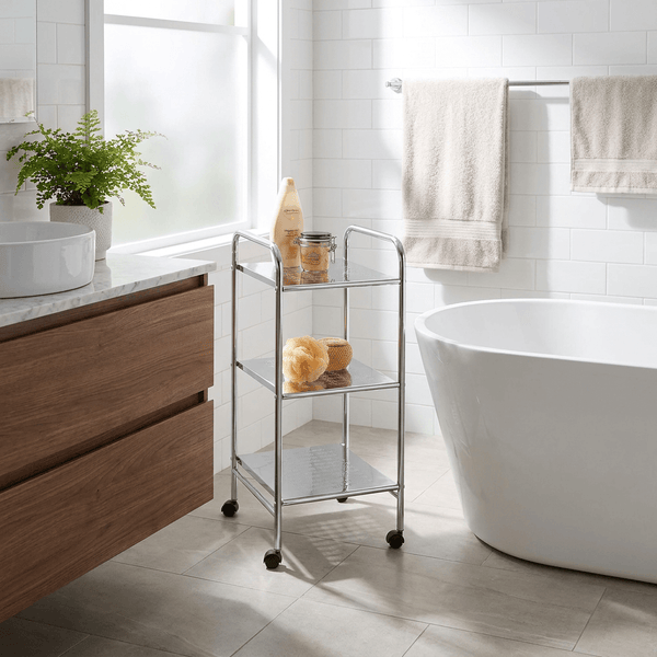 Wenko Sando 3-Tier Rolling Trolley – Compact Chrome Storage Cart for Bathroom, Kitchen & Living Room