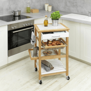 Wenko Finja Bamboo Kitchen Trolley – 3-Tier Rolling Cart with Drawer