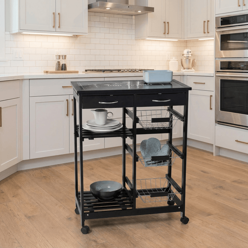 Wenko Bon Appetit Kitchen Trolley – 5-Tier Rolling Cart with Glass Cutting Board