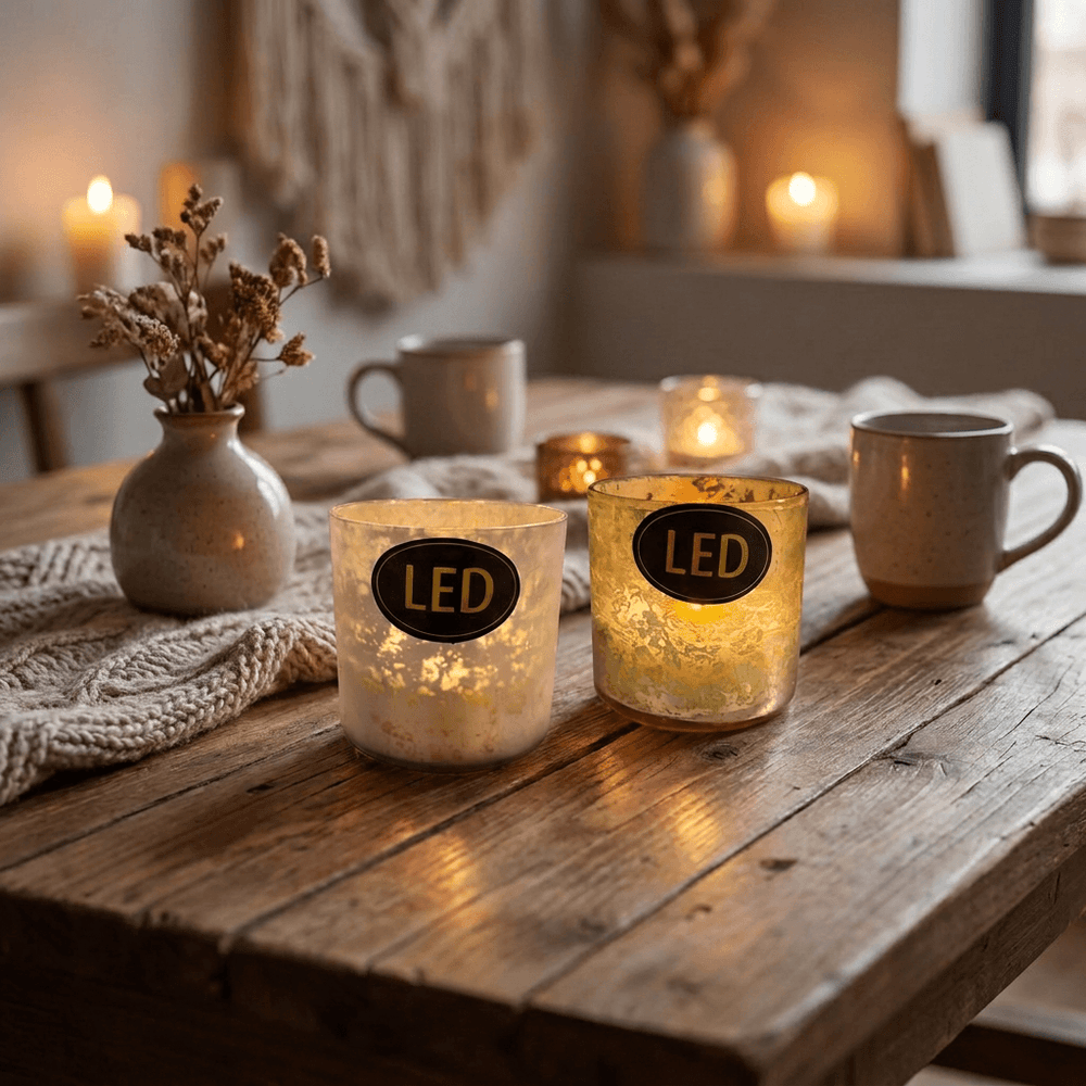 Flameless LED Real Wax Pillar Candle in Decorative Modern Rustic Glass Holder Rustic Gold / Silver