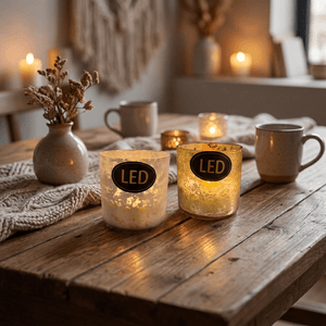 Flameless LED Real Wax Pillar Candle in Decorative Modern Rustic Glass Holder Rustic Gold / Silver