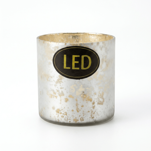 Flameless LED Real Wax Pillar Candle in Decorative Modern Rustic Glass Holder Rustic Gold / Silver