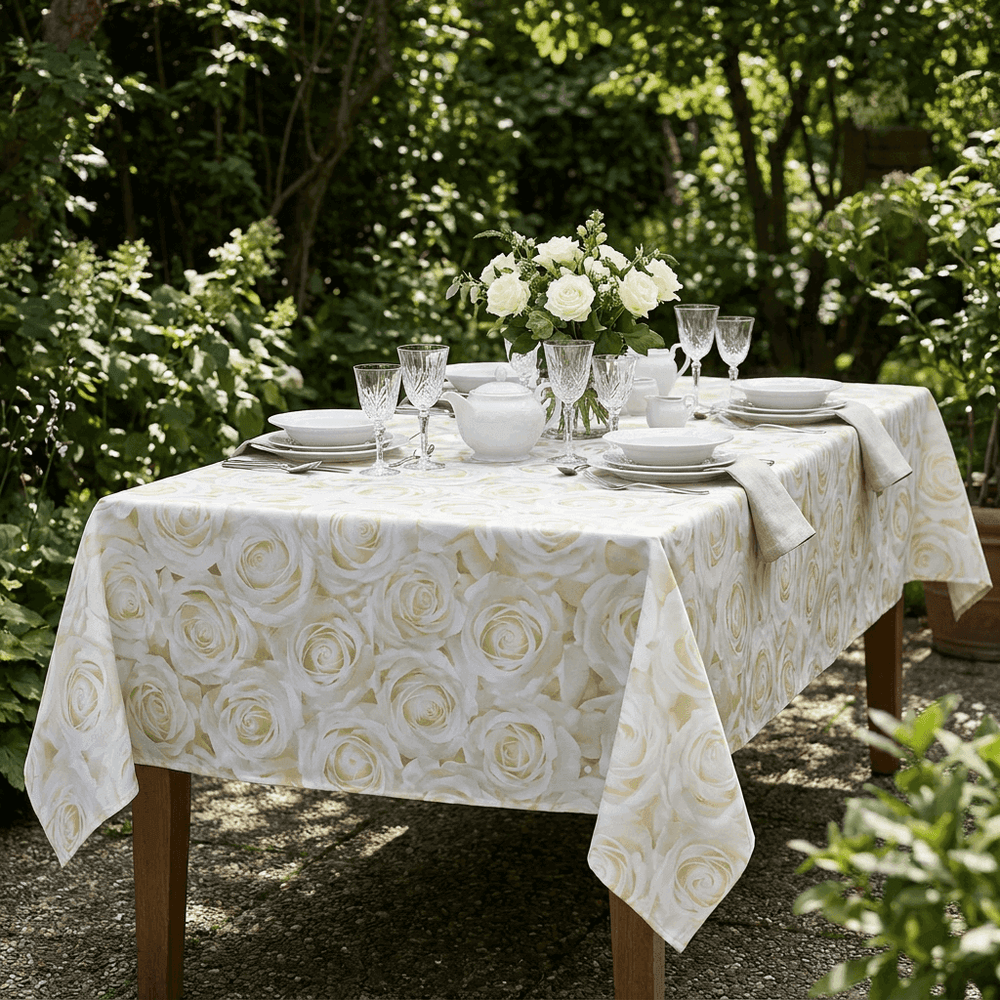 Premium Linen-like Throwable Tablecloth White Flowers