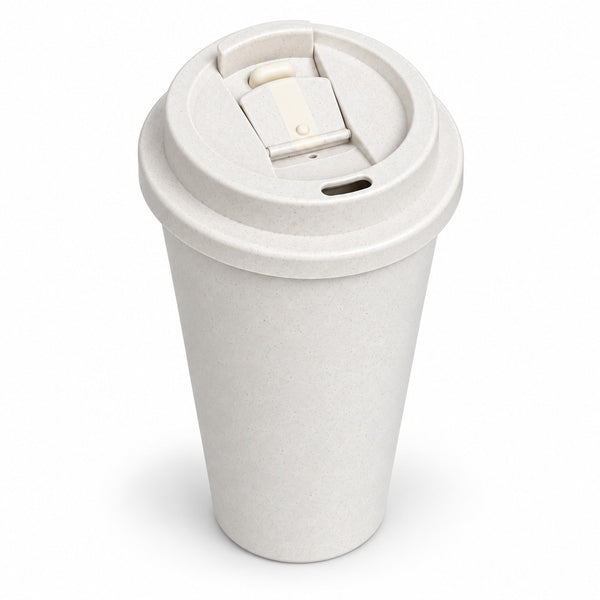 A reusable travel tumbler cup in a light warm gray or off-white color with a matching flip-top lid, shown on a clean white background.