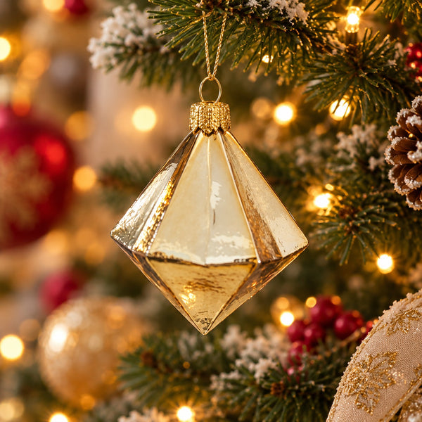 A faceted, diamond-shaped gold Christmas ornament hanging from a decorated Christmas tree with warm string lights and pinecones.