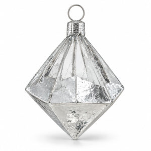 A faceted diamond-shaped silver ornament with a textured metallic finish and a hanging loop at the top, shown on a clean white background.
