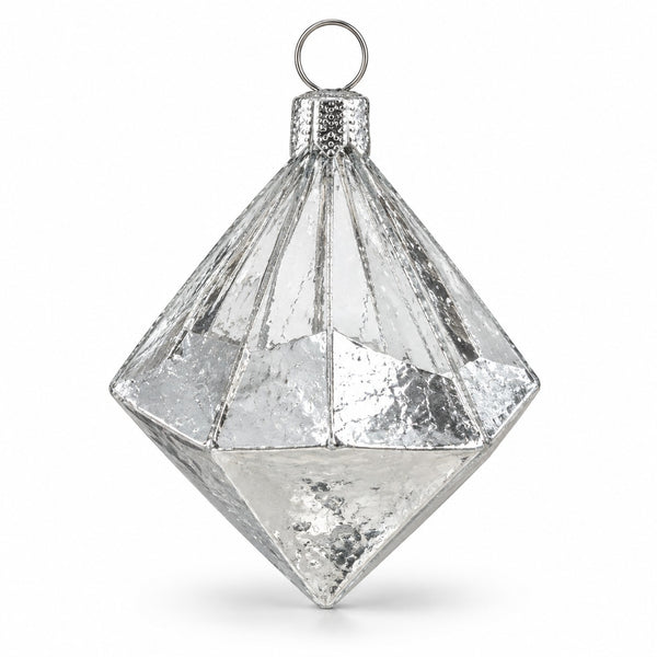 A faceted diamond-shaped silver ornament with a textured metallic finish and a hanging loop at the top, shown on a clean white background.