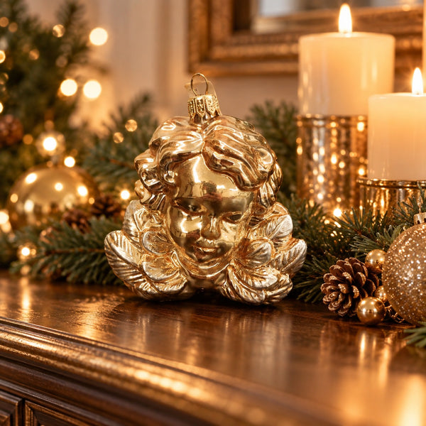 A shiny gold Christmas ornament shaped like a cherub's face sits on a wooden mantel decorated with green pine branches, pinecones, lit candles, and a blurred Christmas tree in the background.