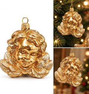 A shiny gold cherub Christmas ornament shown on a white background, with two smaller photos on the right showing the ornament hanging on a Christmas tree.