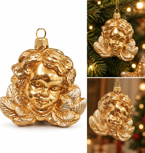 A shiny gold cherub Christmas ornament shown on a white background, with two smaller photos on the right showing the ornament hanging on a Christmas tree.