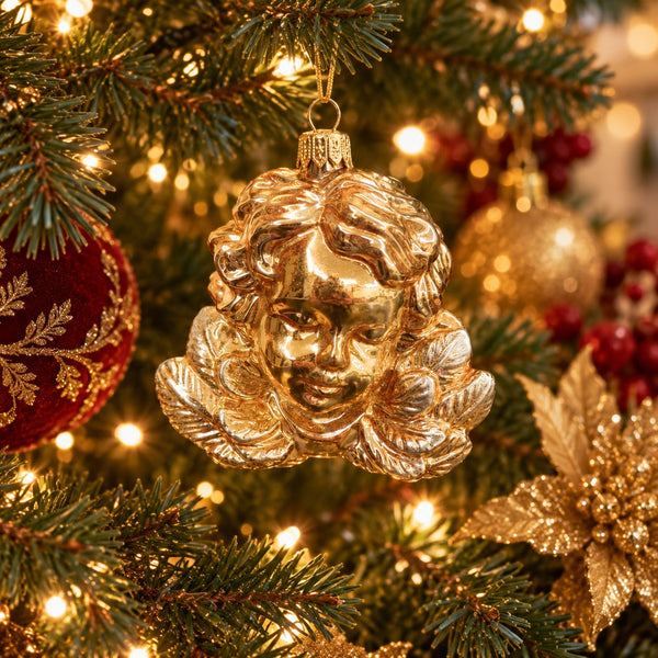 A shiny gold Christmas ornament shaped like a cherub's face hangs on a decorated Christmas tree with warm lights and other ornaments in the background.